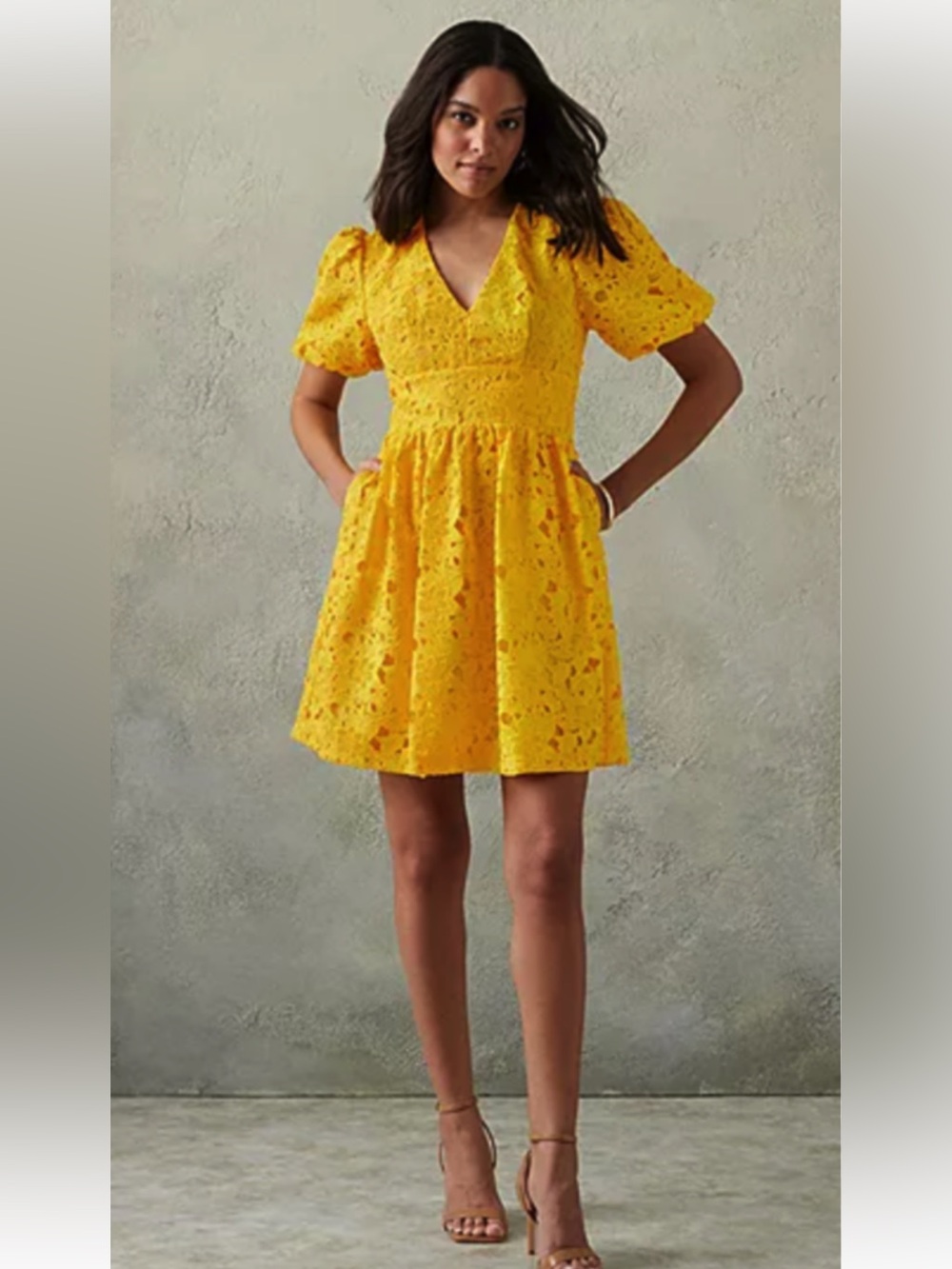 Prabal Gurung yellow lace puff sleeve mini dress with pockets